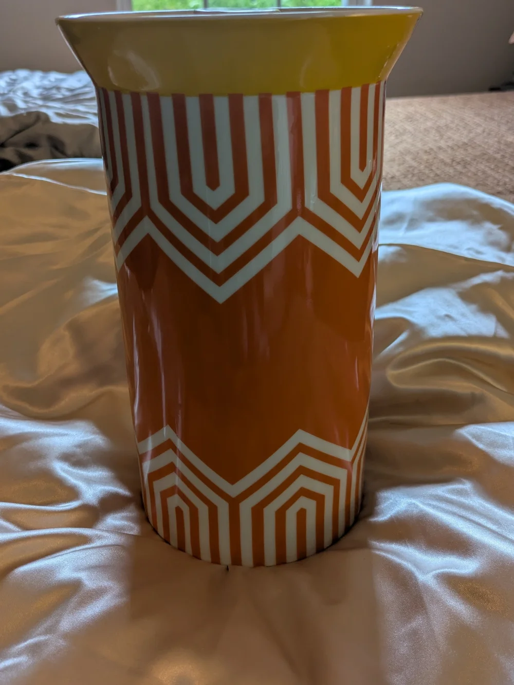 Jonathan Adler Orange, White & Yellow Geometric Ceramic canister with lid